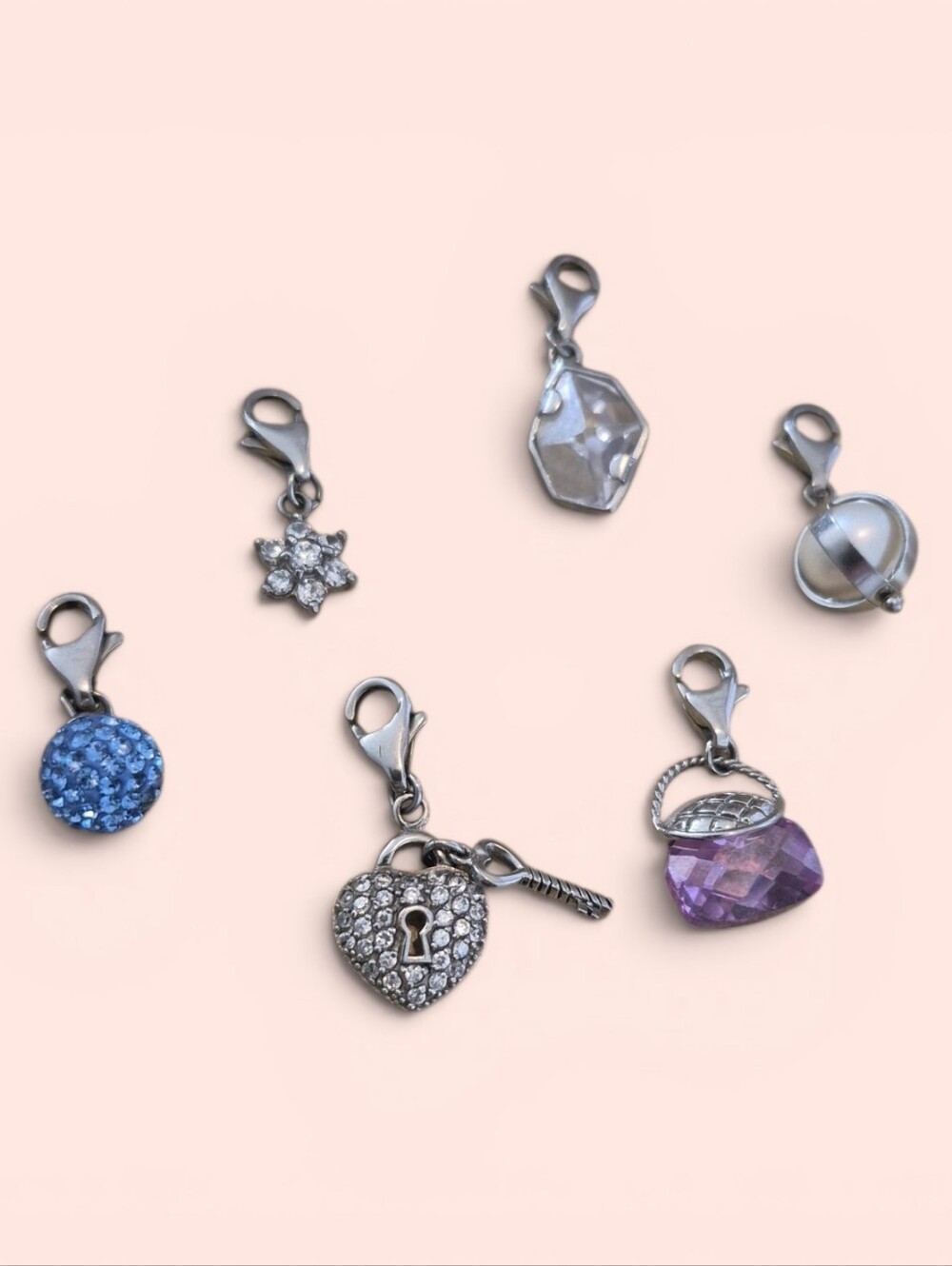 6 Tocara Silver Tone  Charm Mix with Gemtones And Pearl